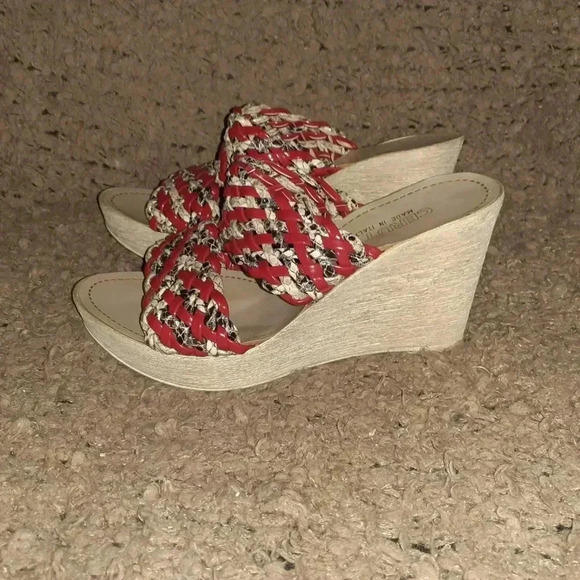 CERUTTI-Italy-Red Patent/Snakeskin Pattern Woven Leather Wedge-Sz 37-Excellent - Picture 2 of 7